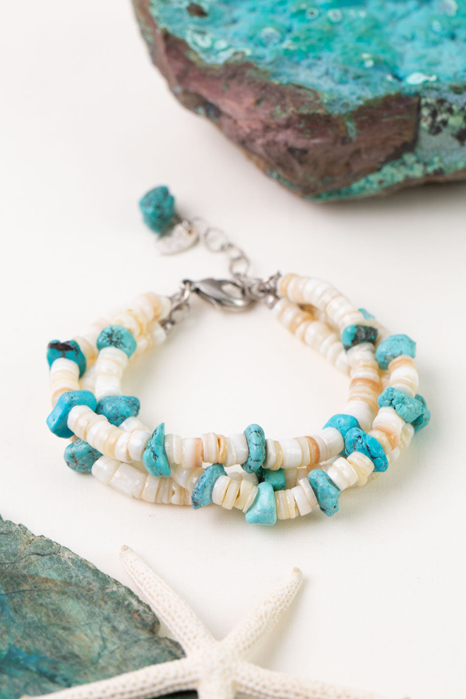 One Of A Kind 7.5-8.5" Turquoise, Shell Multistrand Bracelet