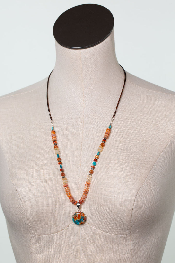 One Of A Kind 25.5-27.5" Fire Opal, Turquoise with Spiny Oyster Statement Necklace
