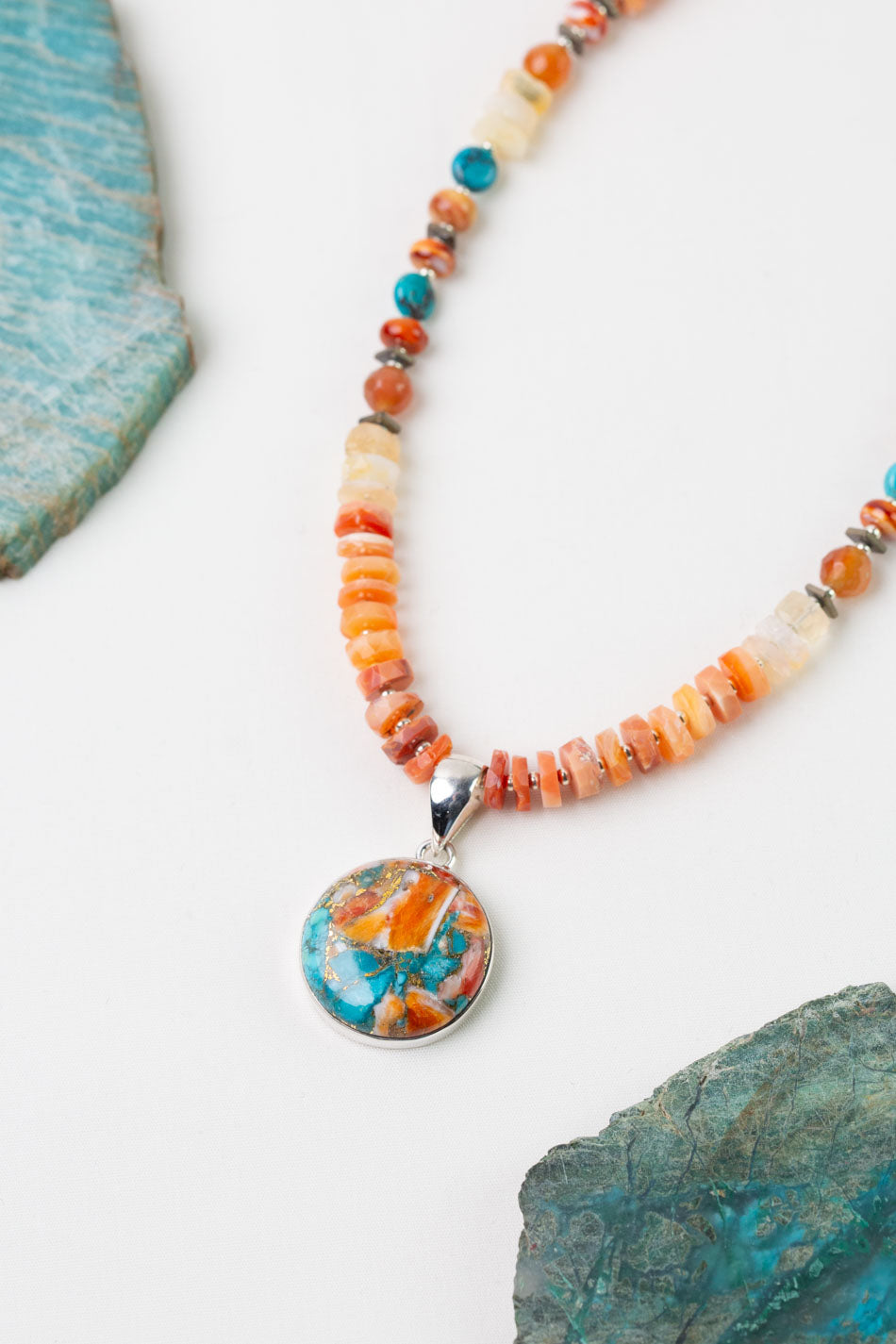 One Of A Kind 25.5-27.5" Fire Opal, Turquoise with Spiny Oyster Statement Necklace