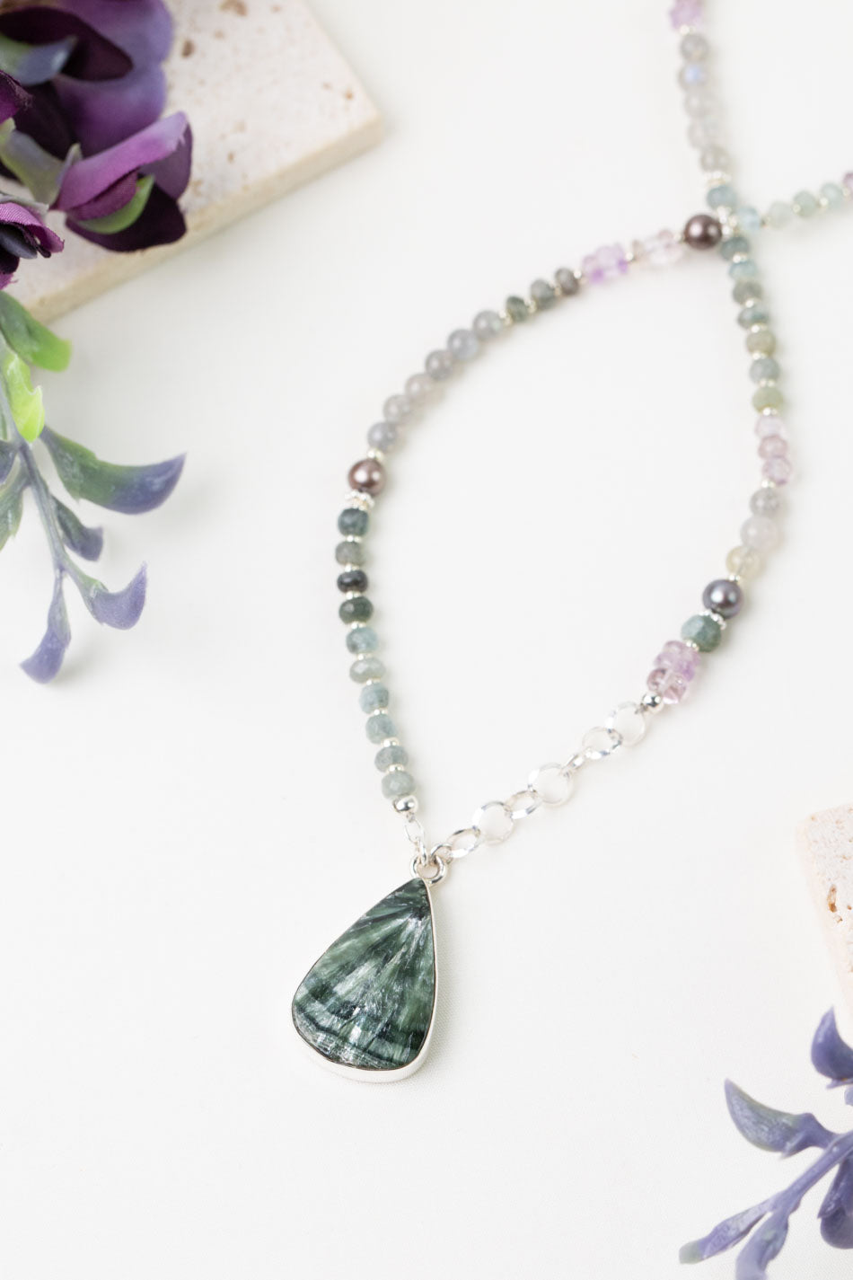 One Of A Kind 17-19" Amethyst, Aquamarine, Labradorite with Seraphinite Statement Necklace