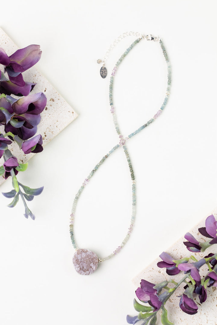 One Of A Kind 18-20" Green Moss Aquamarine, Amethyst with Druzy Quartz Statement Necklace