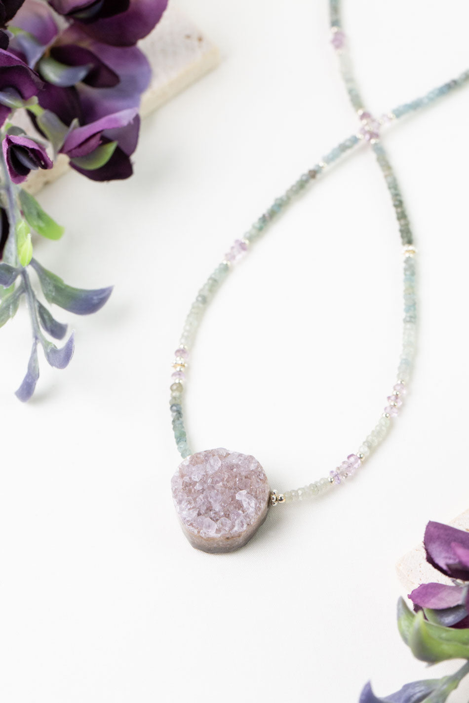 One Of A Kind 18-20" Green Moss Aquamarine, Amethyst with Druzy Quartz Statement Necklace