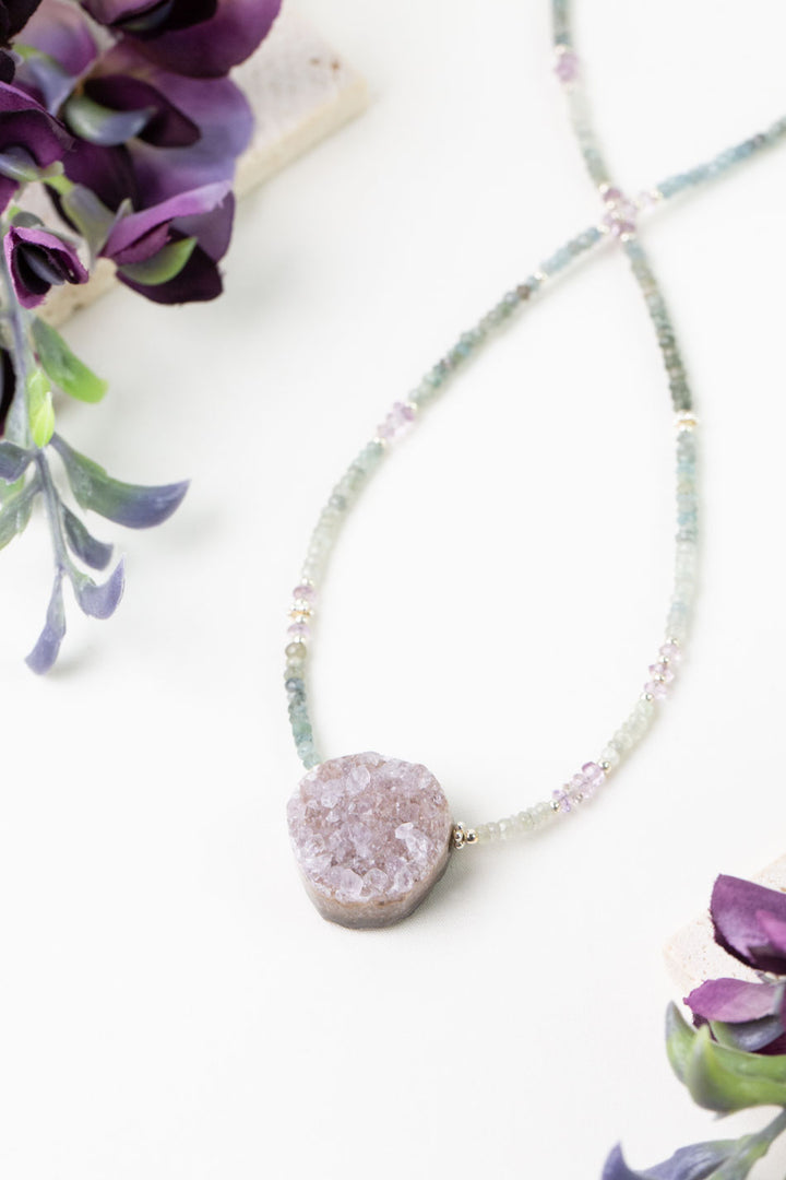 One Of A Kind 18-20" Green Moss Aquamarine, Amethyst with Druzy Quartz Statement Necklace