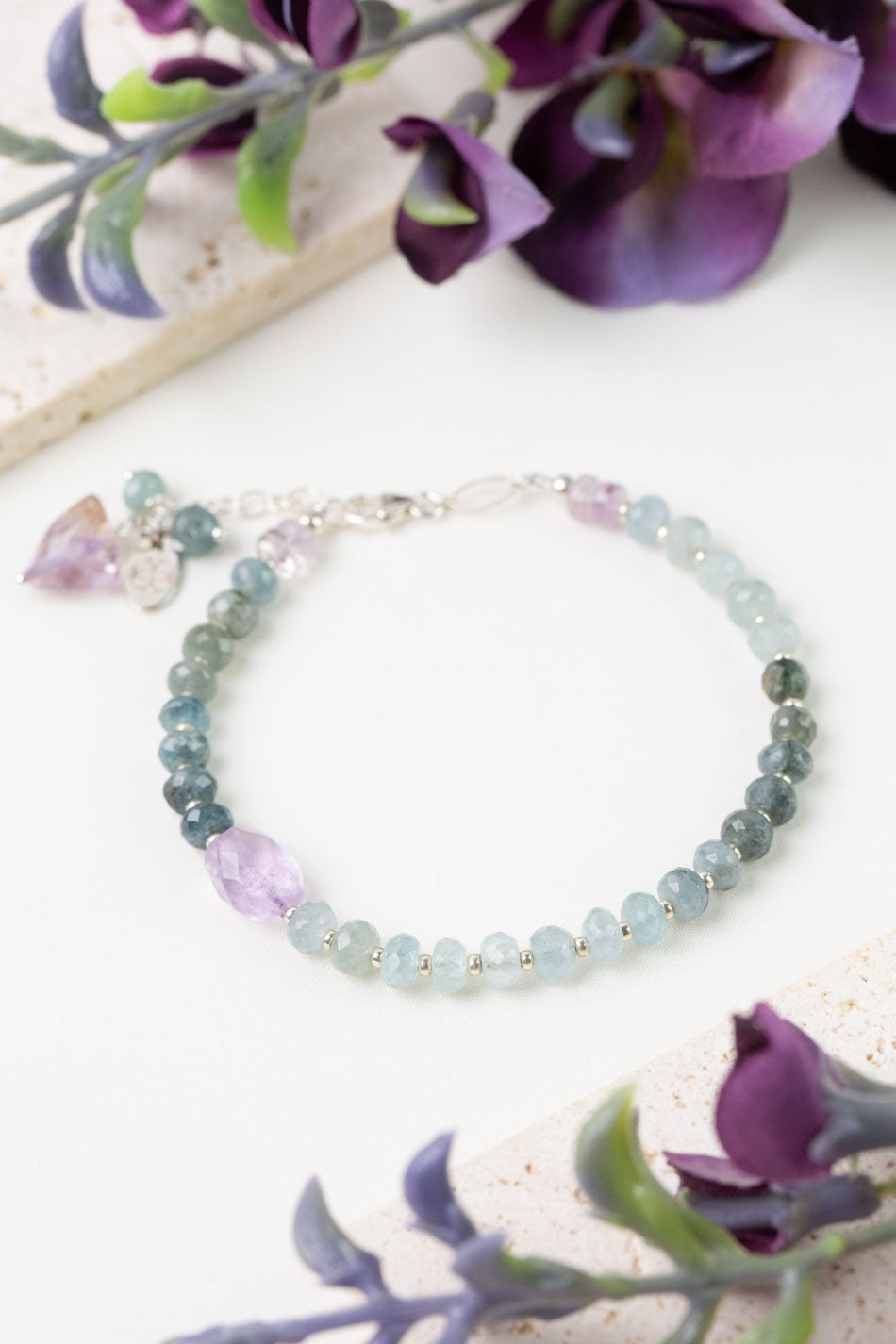 One Of A Kind 7.5-8.5" Green Moss Aquamarine, Amethyst Simple Bracelet
