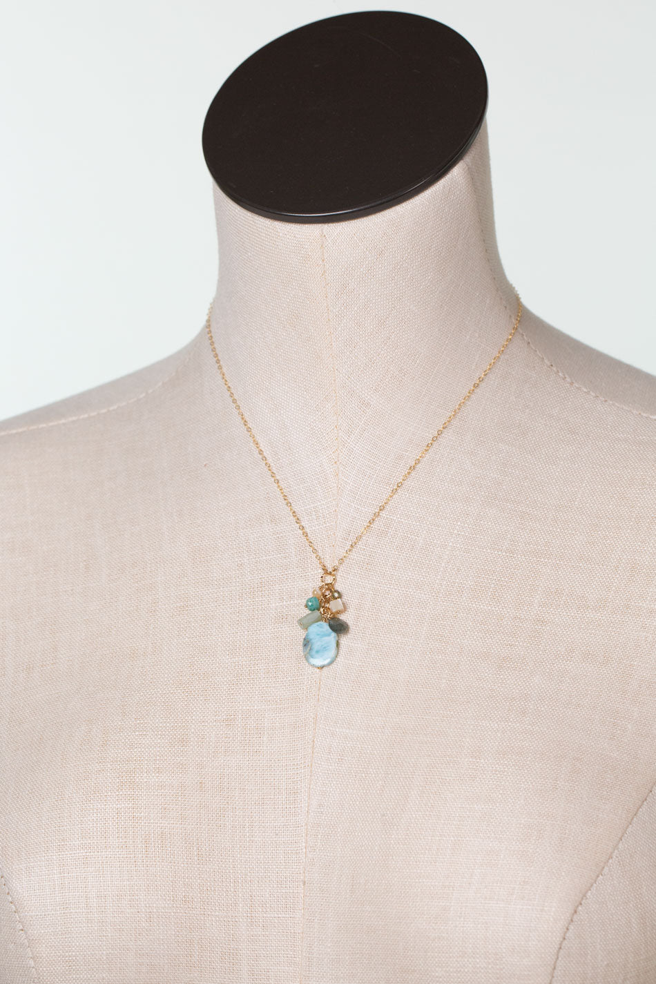 One Of A Kind 16-18" Mother Of Pearl, Amazonite, Roman Glass with Larimar Simple Necklace