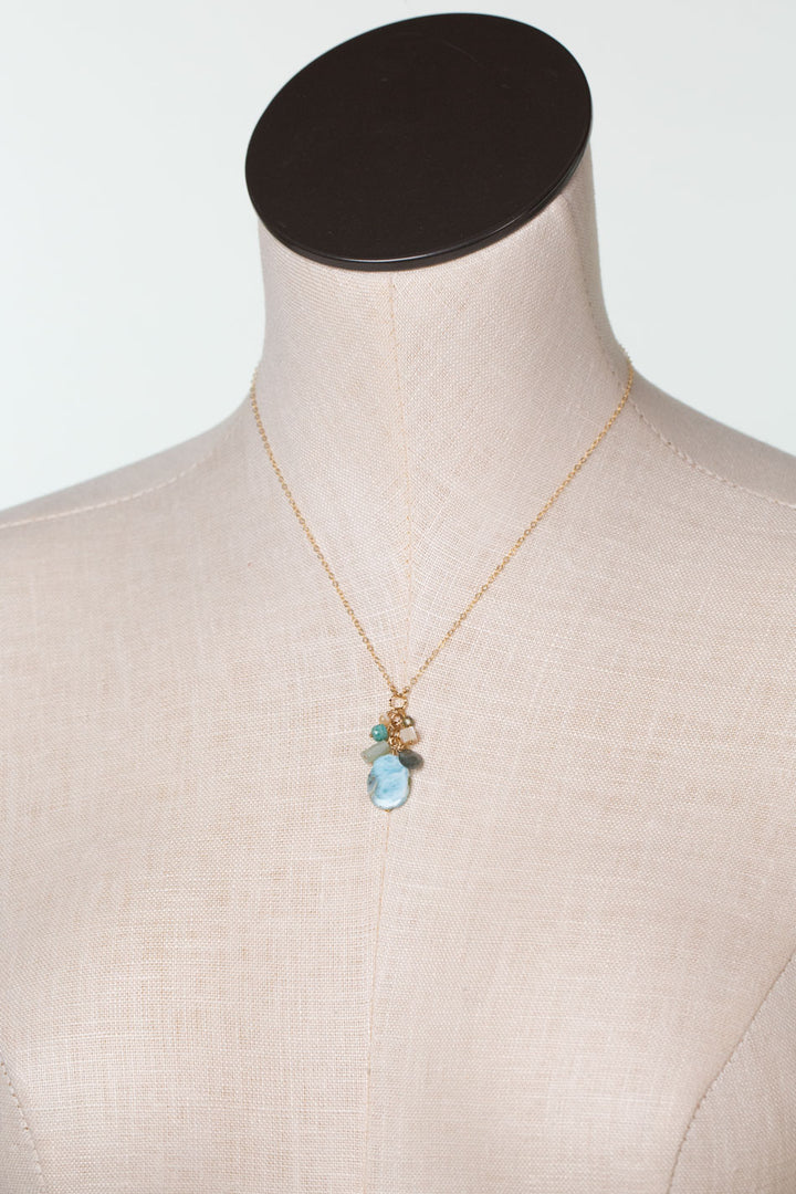 One Of A Kind 16-18" Mother Of Pearl, Amazonite, Roman Glass with Larimar Simple Necklace
