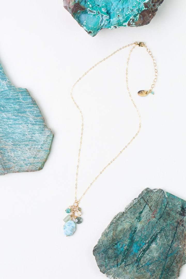 One Of A Kind 16-18" Mother Of Pearl, Amazonite, Roman Glass with Larimar Simple Necklace
