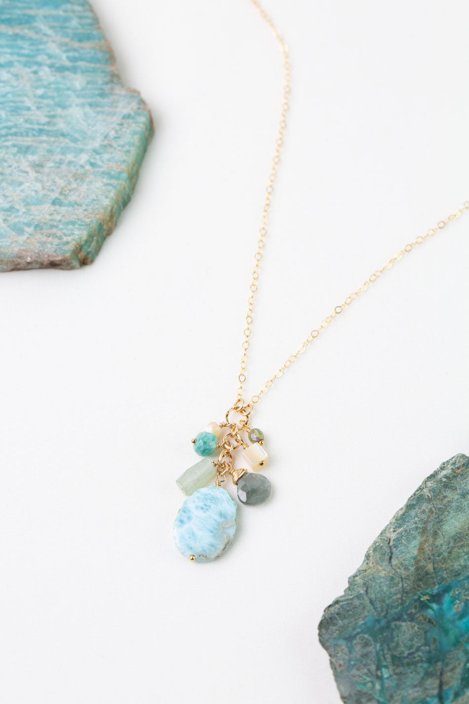 One Of A Kind 16-18" Mother Of Pearl, Amazonite, Roman Glass with Larimar Simple Necklace