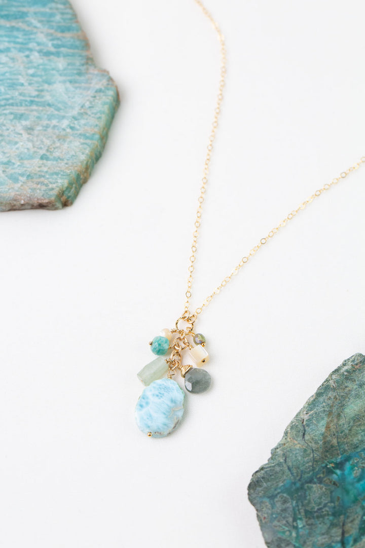 One Of A Kind 16-18" Mother Of Pearl, Amazonite, Roman Glass with Larimar Simple Necklace