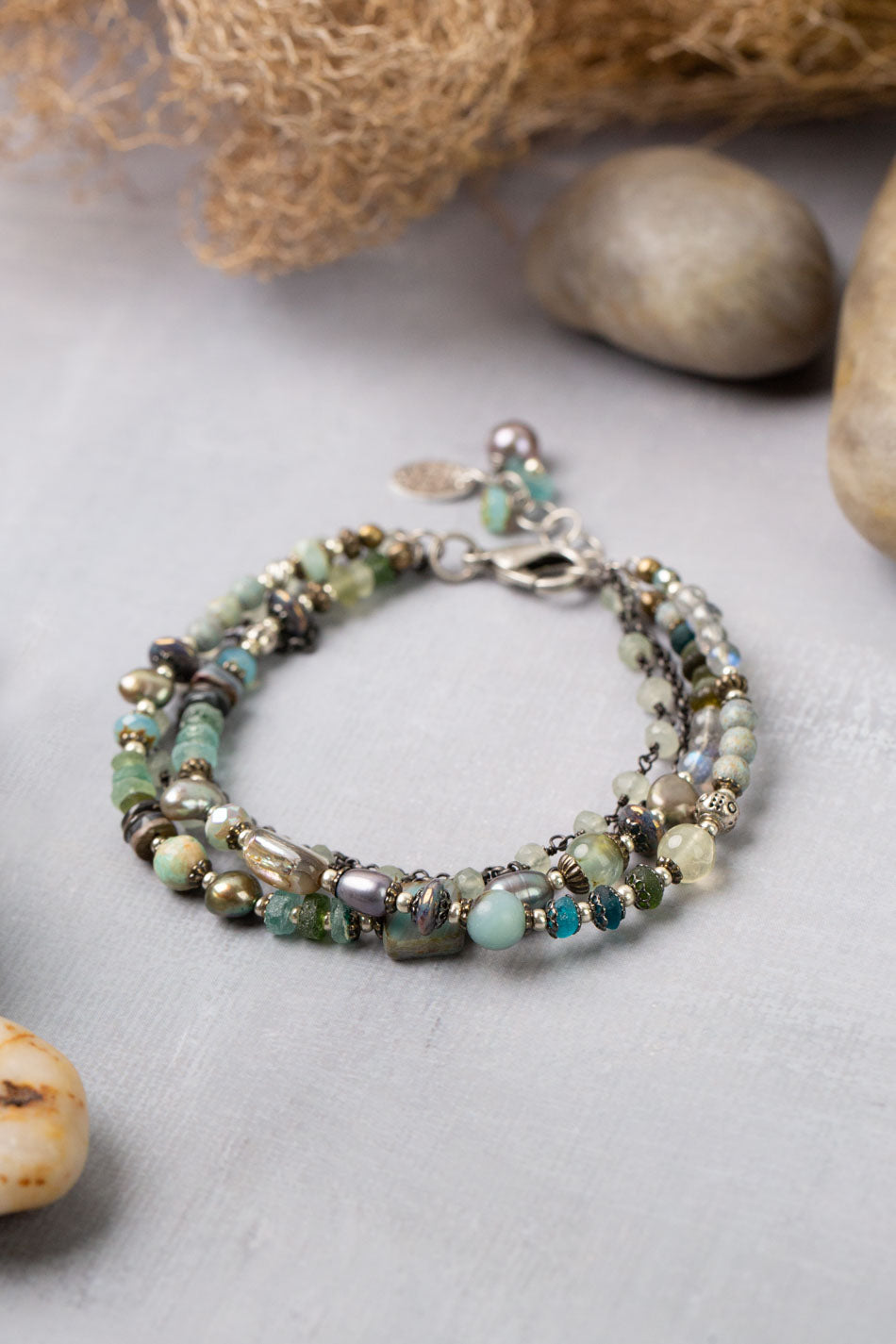 One Of A Kind 7.5-8.5" Roman Glass, Czech Glass, Freshwater Pearl, Fluorite Multistrand Bracelet