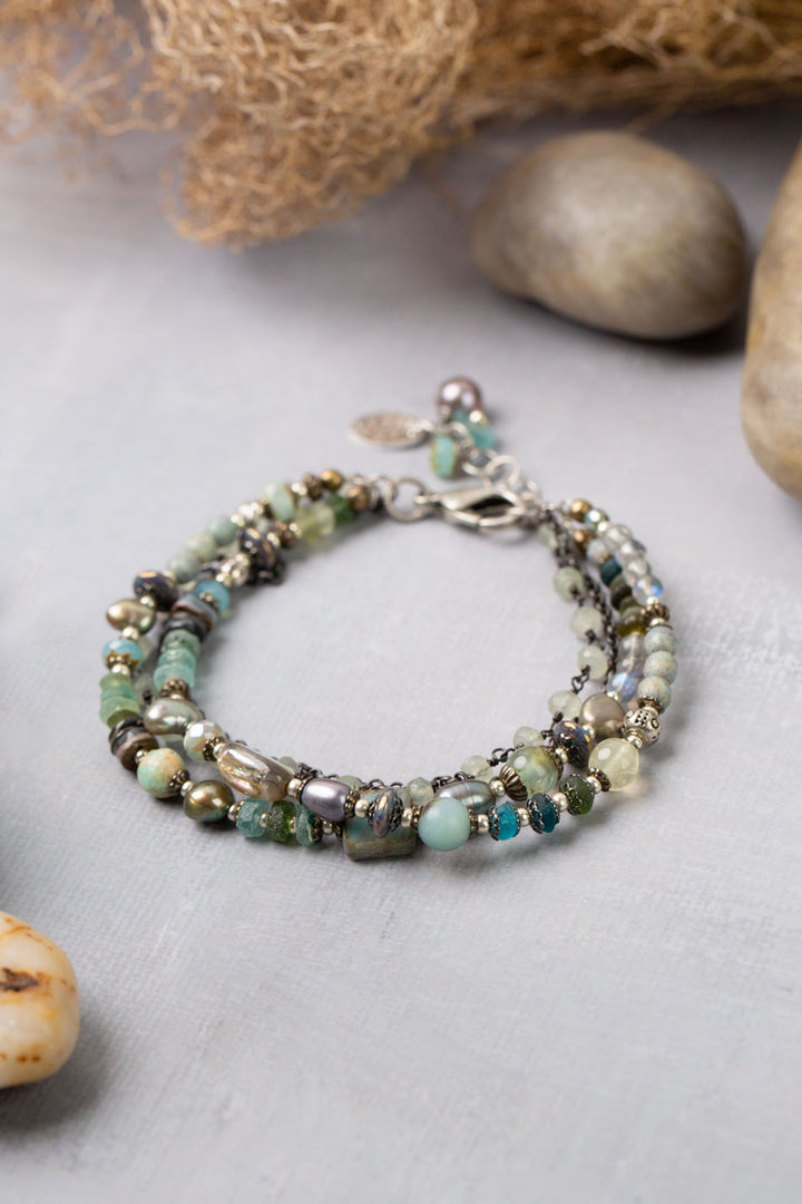 One Of A Kind 7.5-8.5" Roman Glass, Czech Glass, Freshwater Pearl, Fluorite Multistrand Bracelet