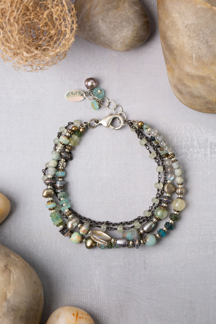 One Of A Kind 7.5-8.5" Roman Glass, Czech Glass, Freshwater Pearl, Fluorite Multistrand Bracelet