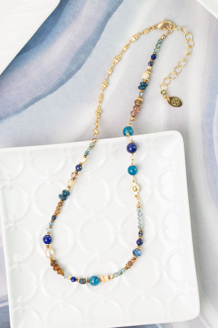 Starry Night 16-18" Fresh Water Pearl, Crystal, Czech Glass with Lapis Simple Necklace