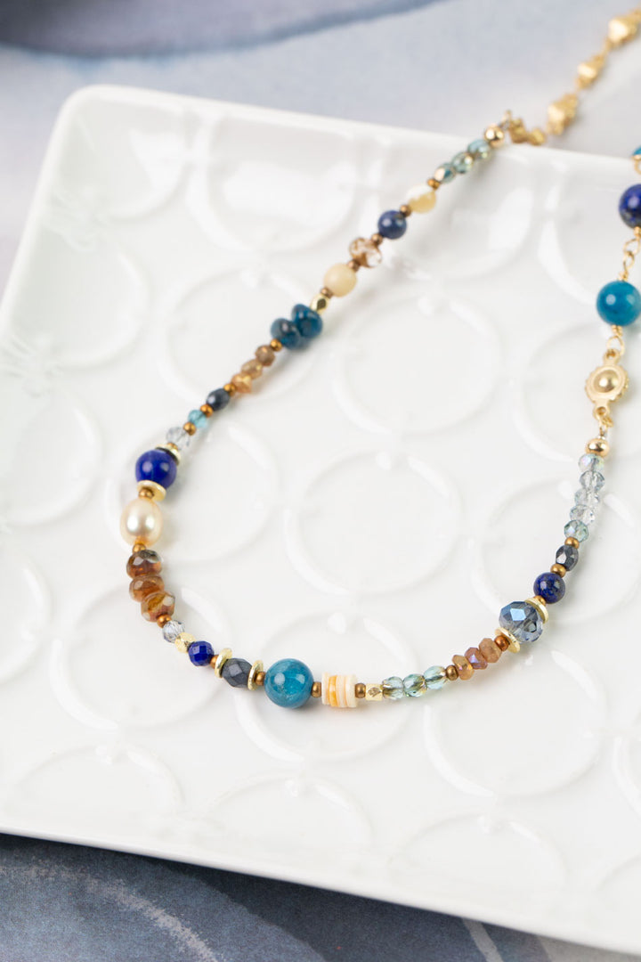 Starry Night 16-18" Fresh Water Pearl, Crystal, Czech Glass with Lapis Simple Necklace