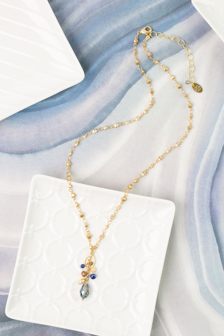 Starry Night 19.5-21.5" Fresh Water Pearl, Lapis, Czech Glass with Crystal Statement Necklace