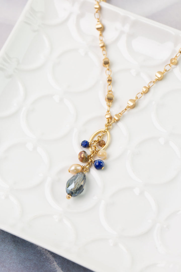Starry Night 19.5-21.5" Fresh Water Pearl, Lapis, Czech Glass with Crystal Statement Necklace