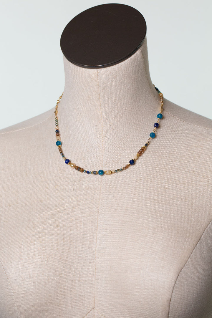 Starry Night 16-18" Czech Glass, Crystal, Fresh Water Pearl with Lapis Simple Necklace