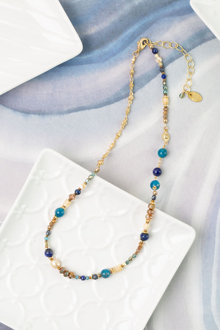 Starry Night 16-18" Czech Glass, Crystal, Fresh Water Pearl with Lapis Simple Necklace