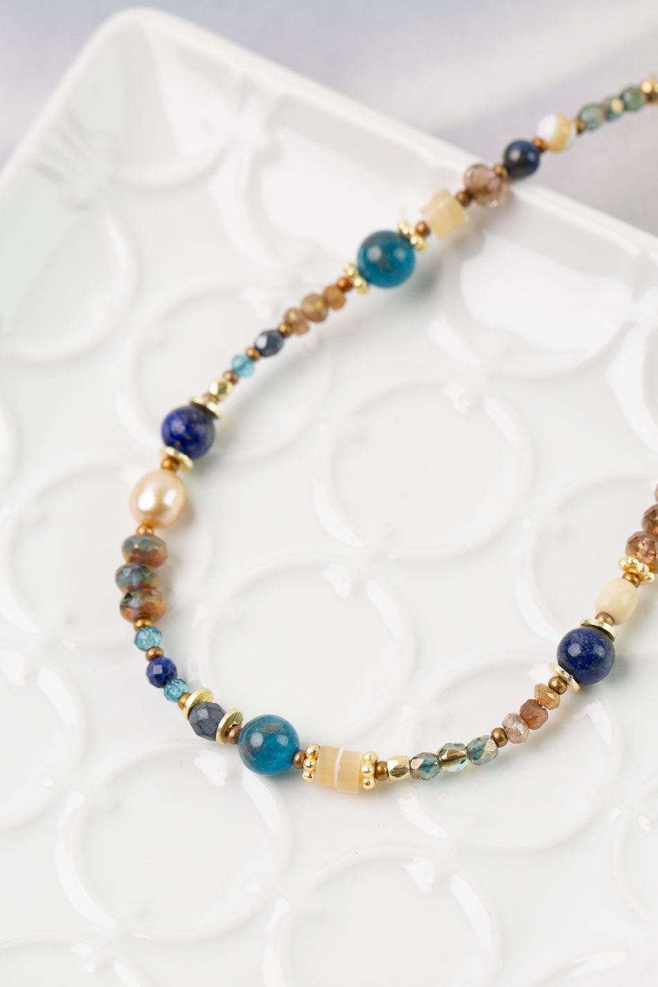 Starry Night 16-18" Czech Glass, Crystal, Fresh Water Pearl with Lapis Simple Necklace