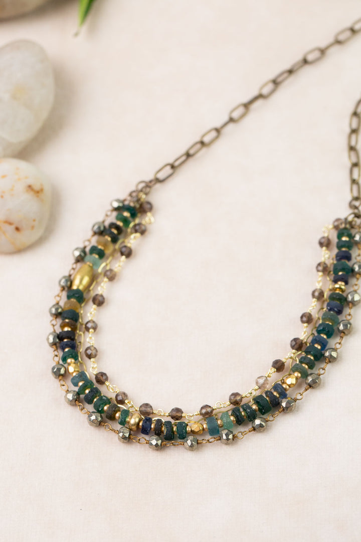 One Of A Kind 19.5-21.5" Roman Glass, Pyrite, Smoky Quartz Multistrand Necklace