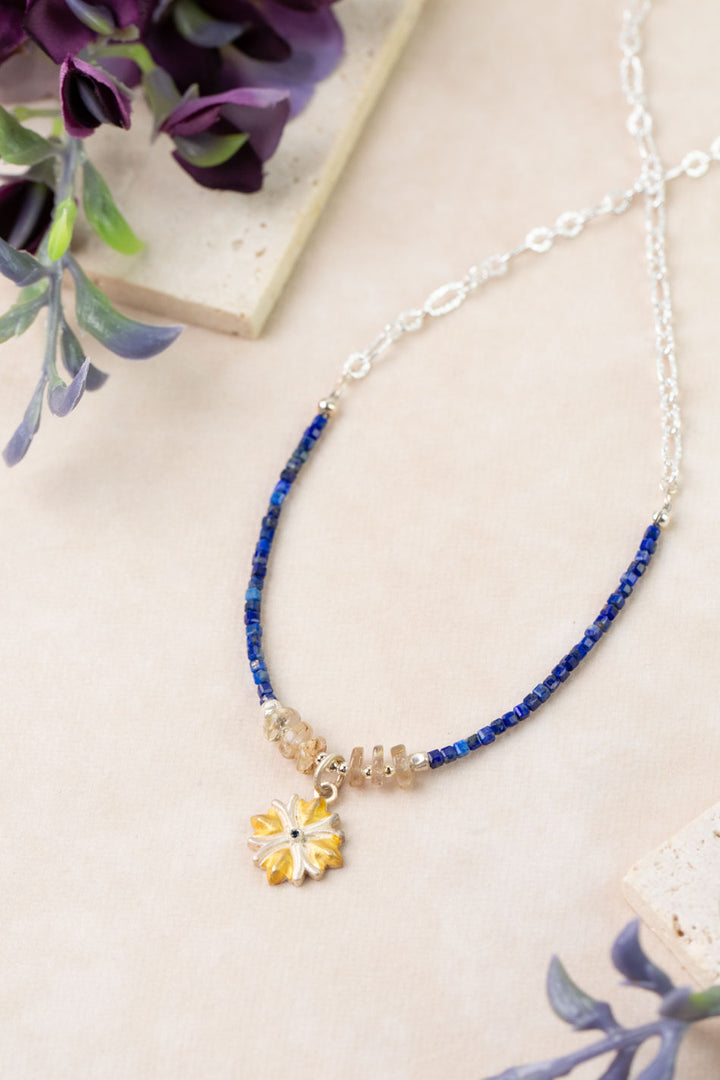 One Of A Kind 16-18" Sapphire, Lapis, Golden Rutilated Quartz Simple Necklace
