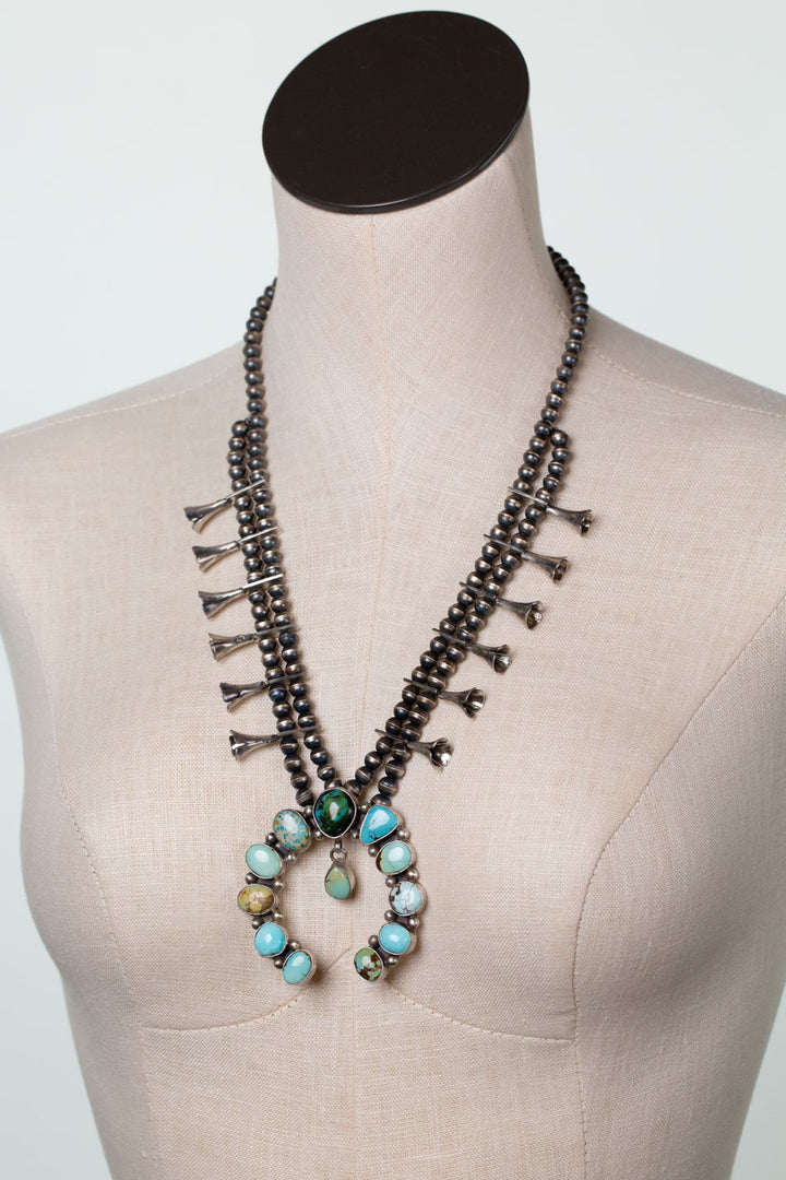 Native American 23.5" Royston, Sonoraqn, Iron Maiden Turquoise, Sterling Silver with Sonoran Gold Statement Necklace