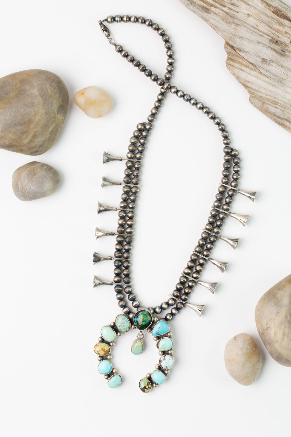 Native American 23.5" Royston, Sonoraqn, Iron Maiden Turquoise, Sterling Silver with Sonoran Gold Statement Necklace