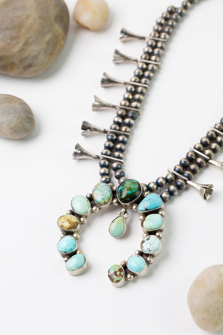 Native American 23.5" Royston, Sonoraqn, Iron Maiden Turquoise, Sterling Silver with Sonoran Gold Statement Necklace