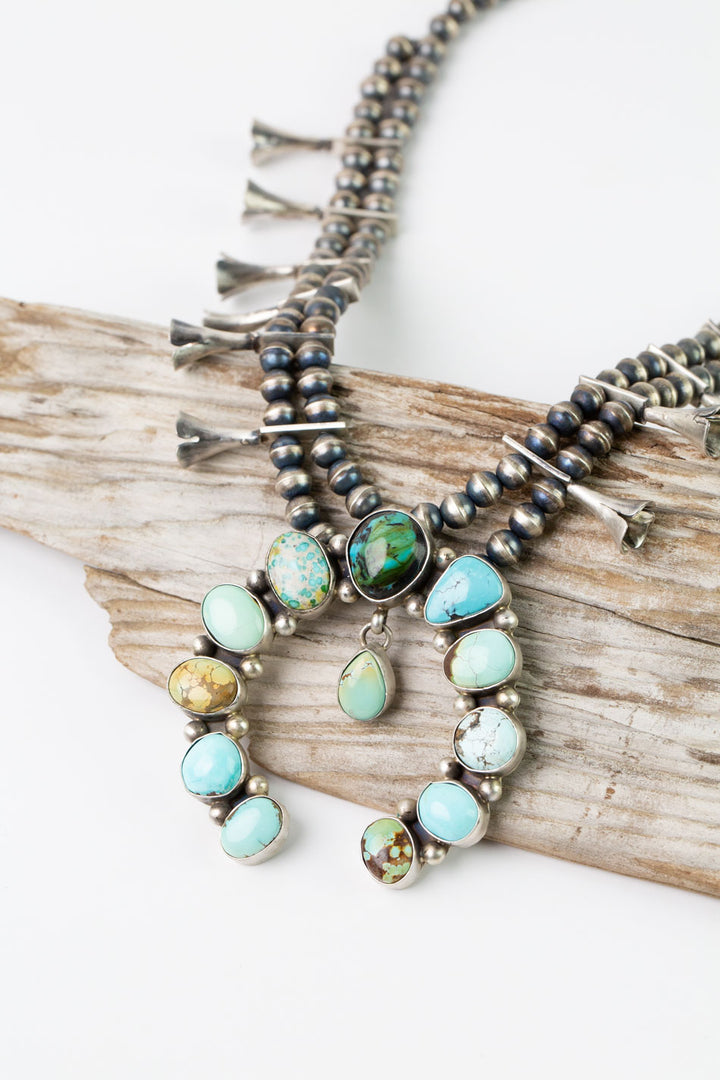 Native American 23.5" Royston, Sonoraqn, Iron Maiden Turquoise, Sterling Silver with Sonoran Gold Statement Necklace