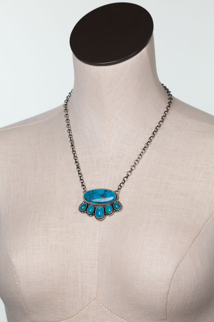 P. Yazzie -19.5" Kingman Turquoise Pendant and Sterling Silver with Kingman Turquoise Statement Necklace