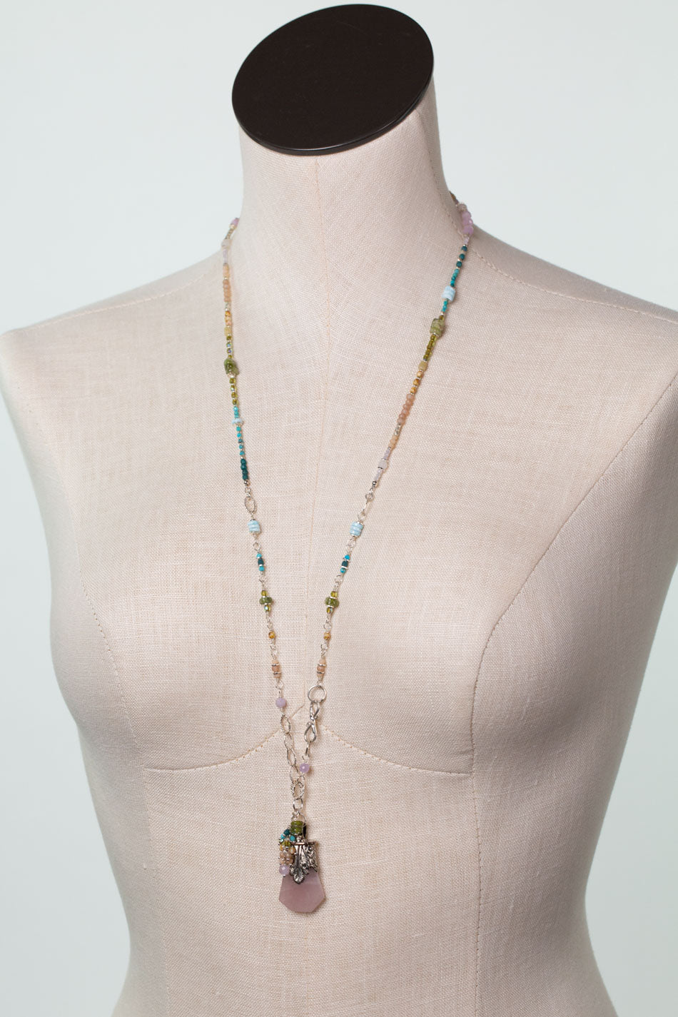 One Of A Kind 41.5" Rose Quartz Pendant, Amazonite Statement Necklace