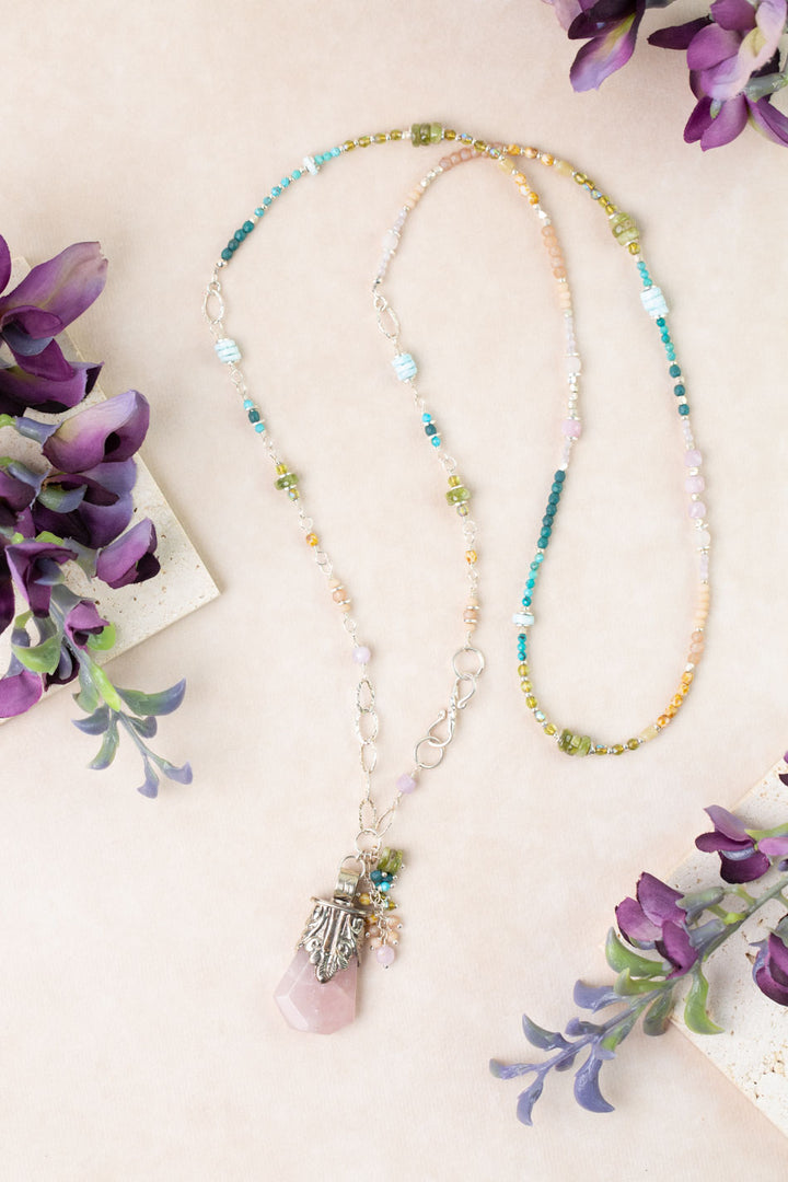 One Of A Kind 41.5" Rose Quartz Pendant, Amazonite Statement Necklace