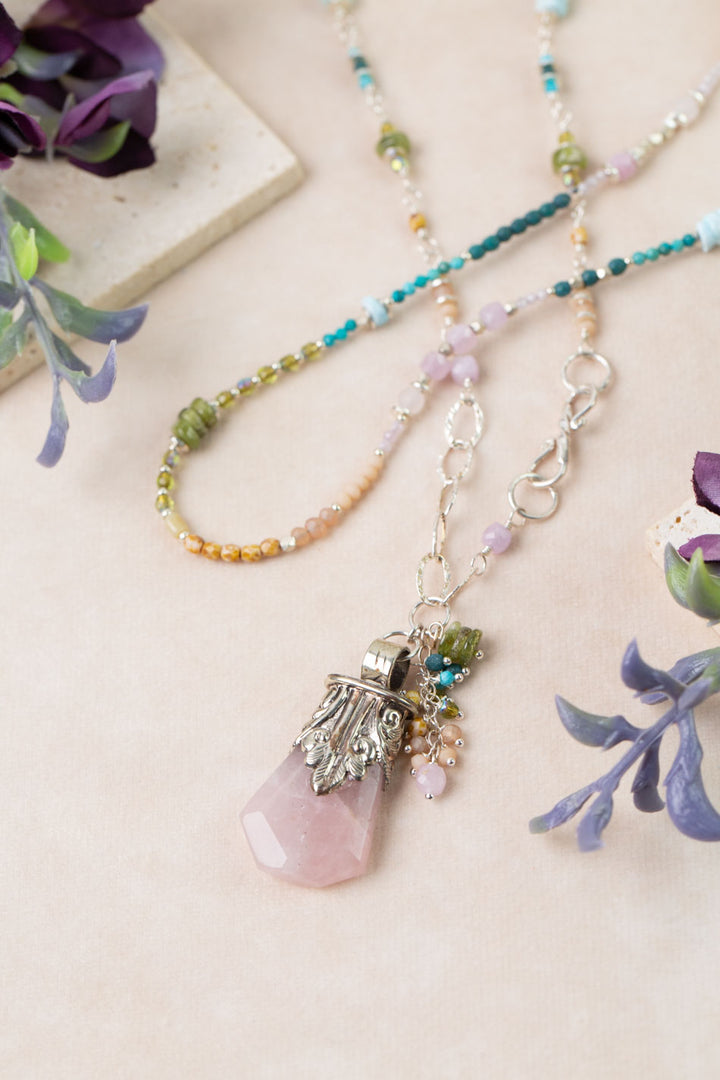 One Of A Kind 41.5" Rose Quartz Pendant, Amazonite Statement Necklace