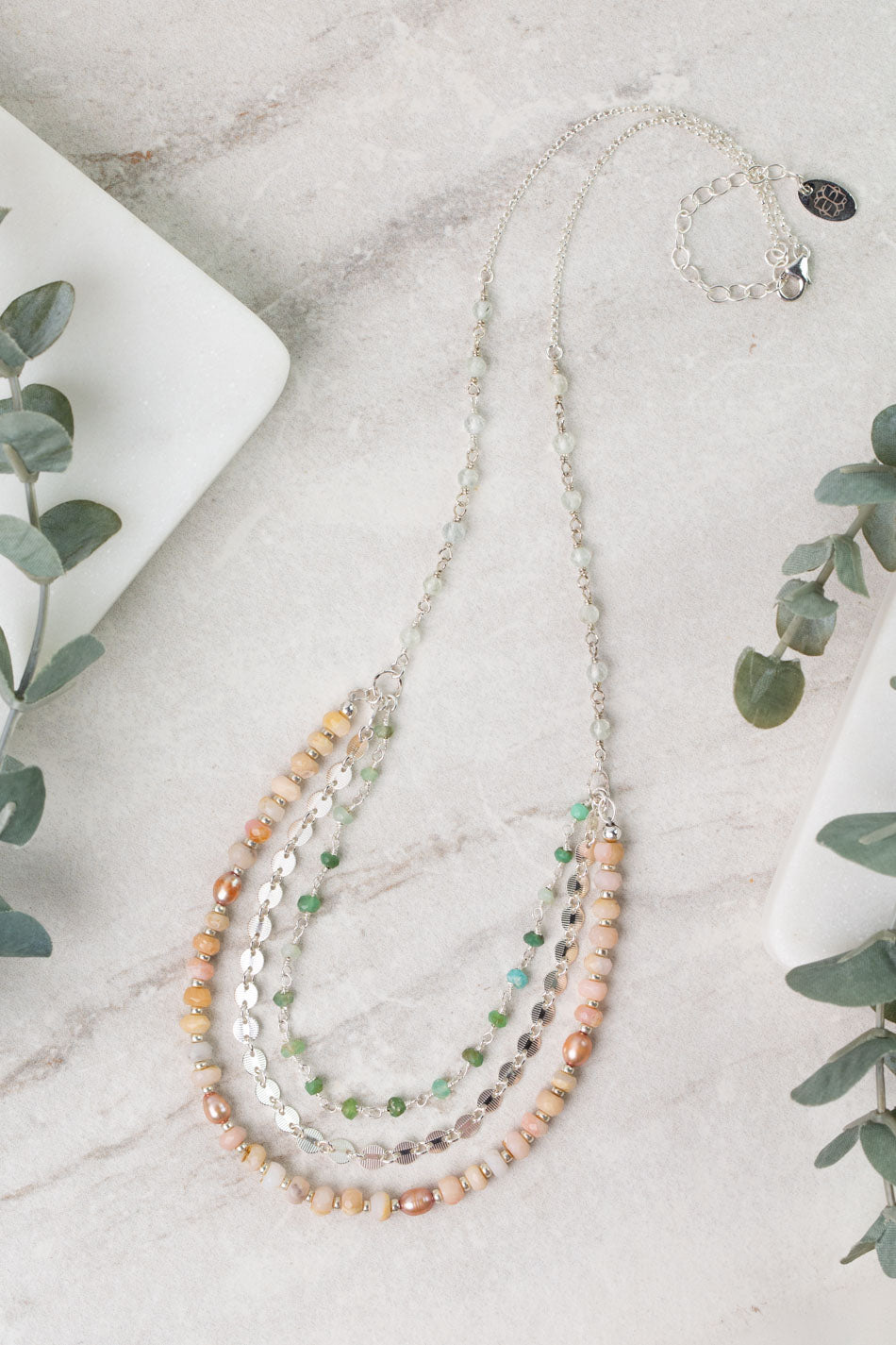 Calming Fleurs 18-20" Pink Opal, Freshwater Pearl, Chrysoprase Multistrand Necklace