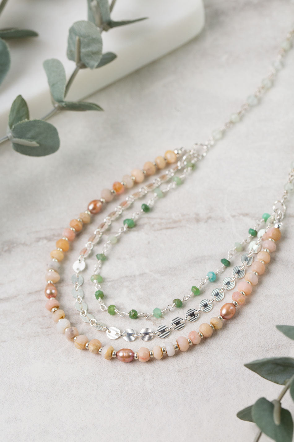 Calming Fleurs 18-20" Pink Opal, Freshwater Pearl, Chrysoprase Multistrand Necklace