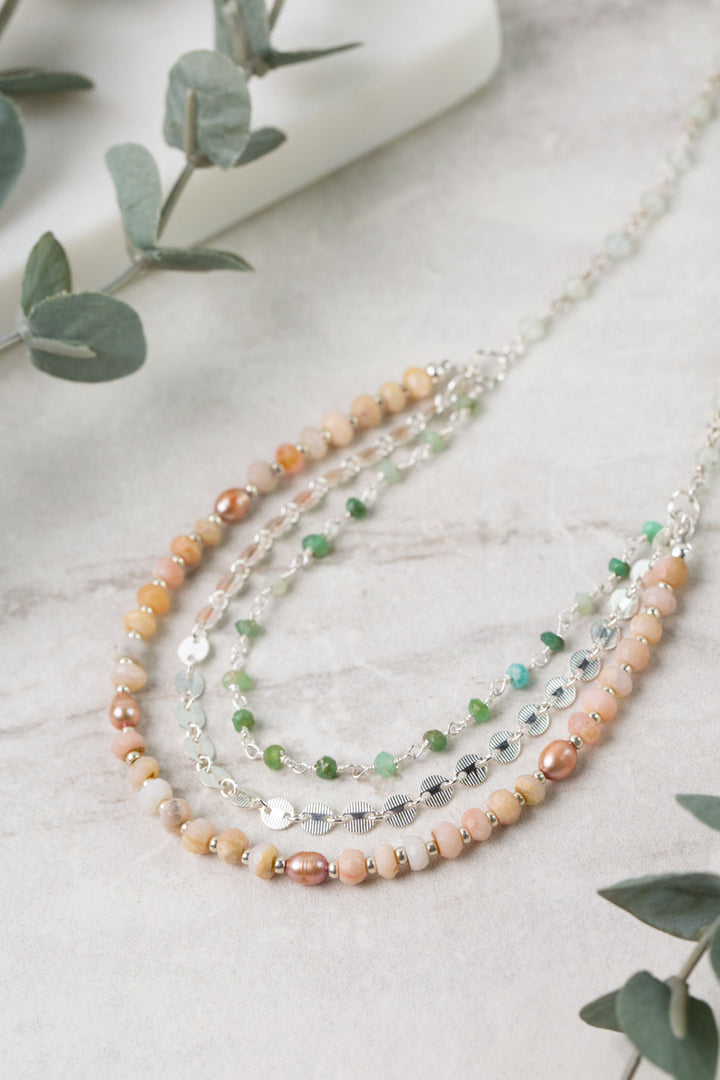 Calming Fleurs 18-20" Pink Opal, Freshwater Pearl, Chrysoprase Multistrand Necklace