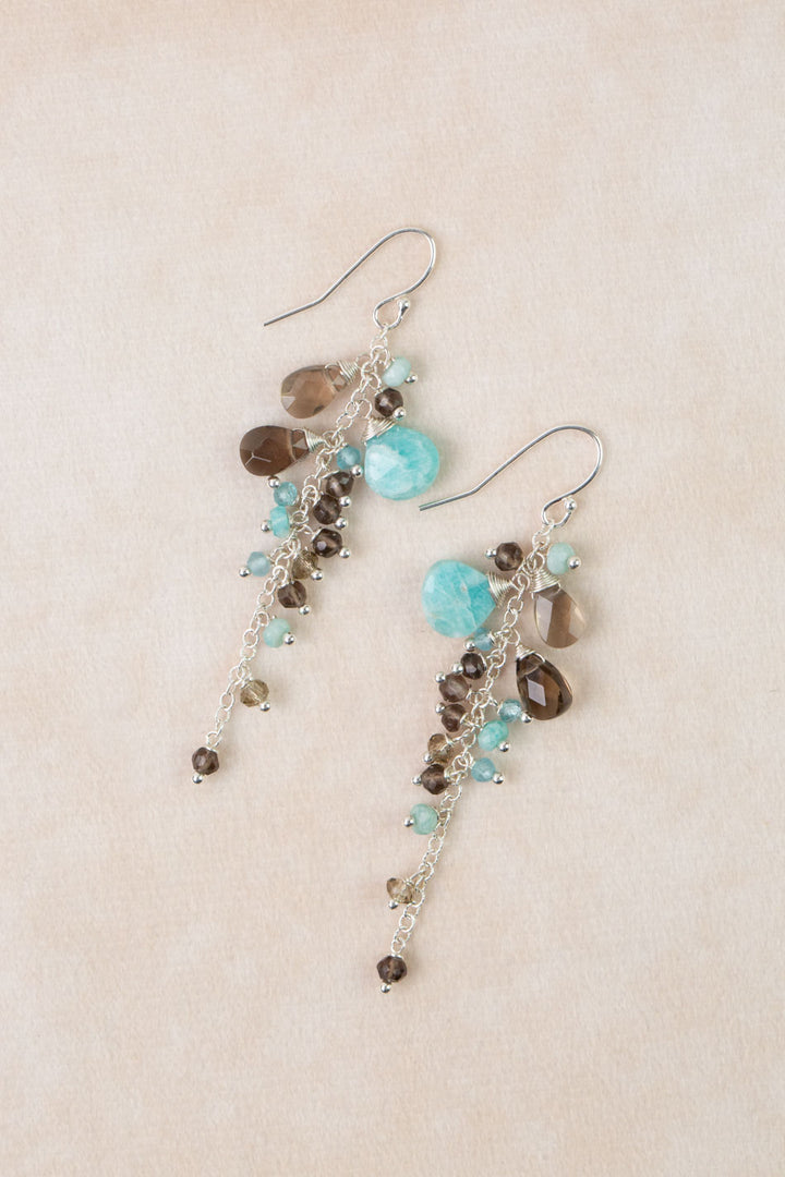 One Of A Kind Amazonite, Smokey Quartz Cluster Earrings