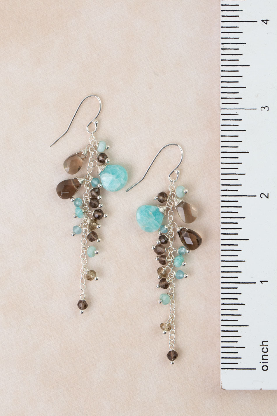 One Of A Kind Amazonite, Smokey Quartz Cluster Earrings