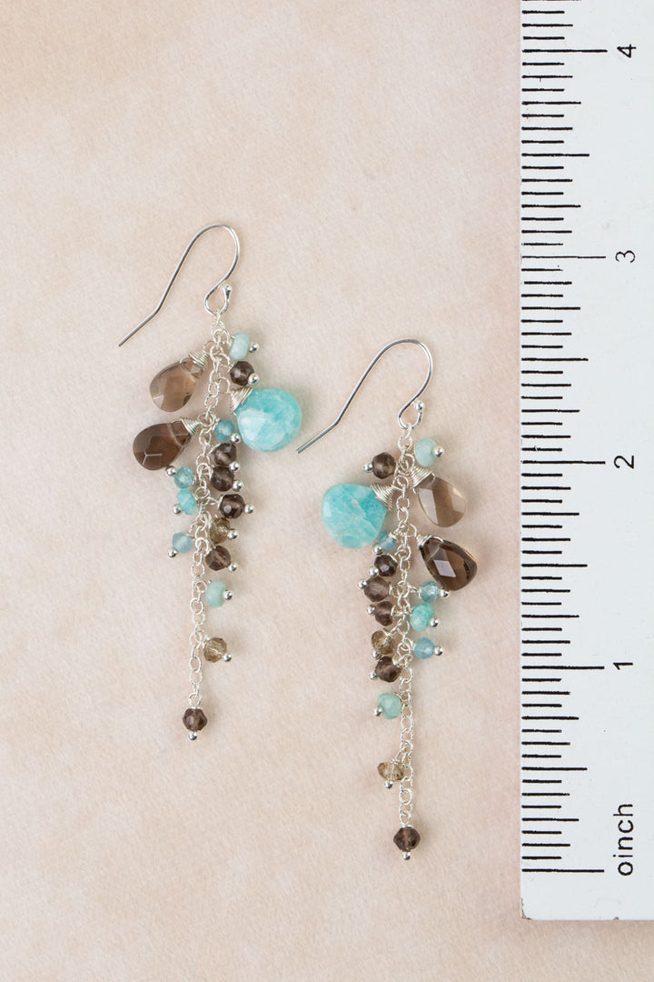 One Of A Kind Amazonite, Smokey Quartz Cluster Earrings