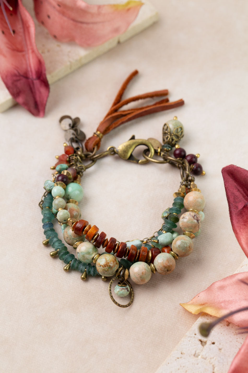 One Of A Kind 7-8.5" Peruvian Opal, Roman Glass, Turquoise Multistrand Bracelet