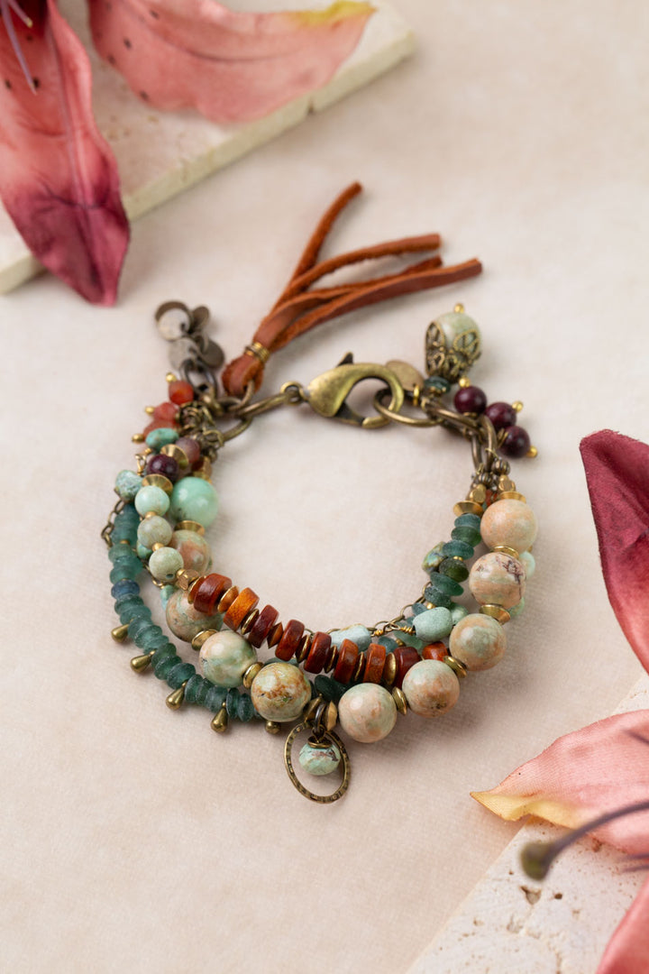 One Of A Kind 7-8.5" Peruvian Opal, Roman Glass, Turquoise Multistrand Bracelet