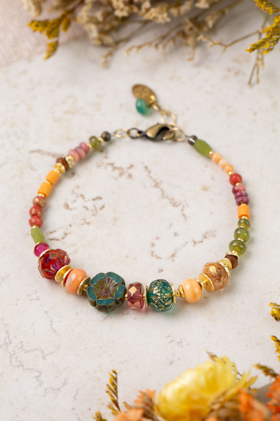 Farmers Market 7.5-8.5" Coral, Tourmaline, Czech Glass Simple Bracelet