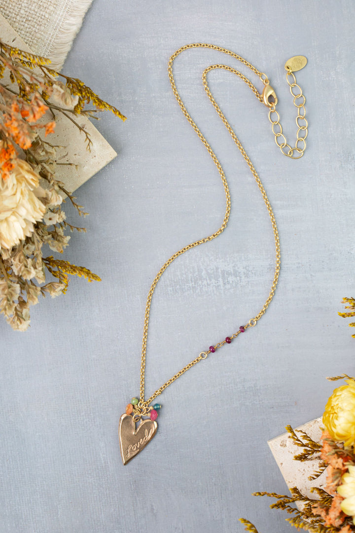 Farmers Market 17.5-19.5" Coral, Gossular Garnet, Czech Glass with Bronze Heart Simple Necklace