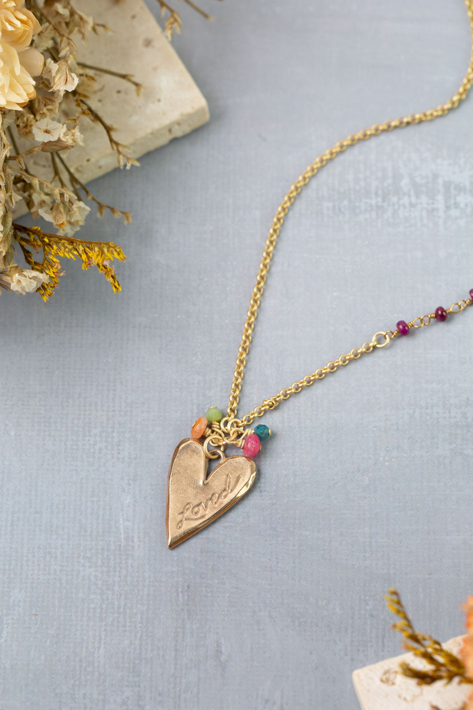 Farmers Market 17.5-19.5" Coral, Gossular Garnet, Czech Glass with Bronze Heart Simple Necklace