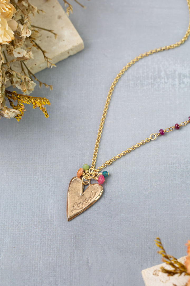 Farmers Market 17.5-19.5" Coral, Gossular Garnet, Czech Glass with Bronze Heart Simple Necklace
