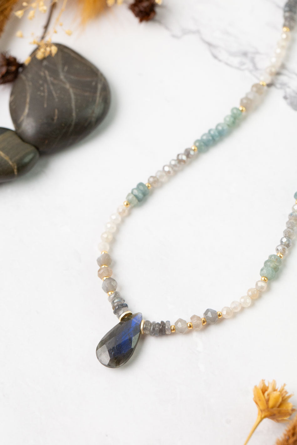 Equinox 16-18" Aquamarine, Labradorite, Moonstone Simple Necklace