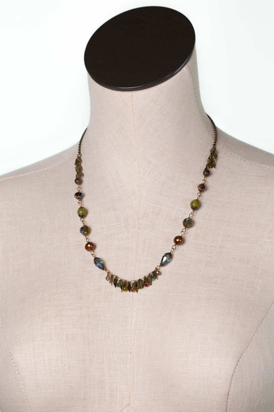 Crisp Autumn 19.25-21.25" Freshwater Pearl, Green Jade, Czech Glass Statement Necklace