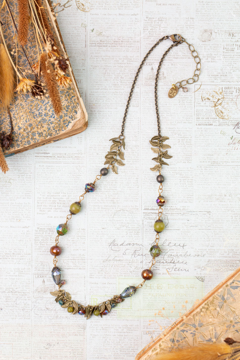 Crisp Autumn 19.25-21.25" Freshwater Pearl, Green Jade, Czech Glass Statement Necklace