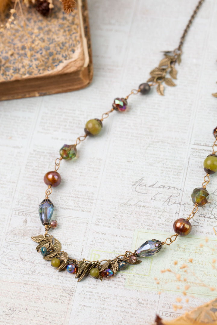 Crisp Autumn 19.25-21.25" Freshwater Pearl, Green Jade, Czech Glass Statement Necklace