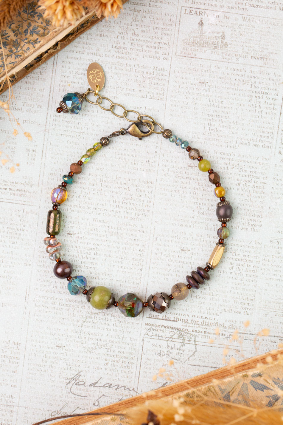 Crisp Autumn 7.5-8.5" Freshwater Pearl, Green Jade, Czech Glass Simple Bracelet